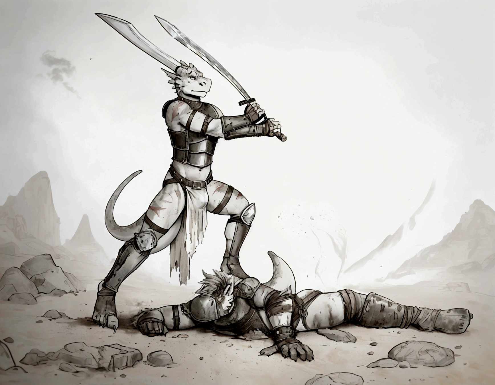 Solo Sexy young anthro scalie dragon male mercenary medieval solider, slim endomorph muscular, anthro handsome gay shorter muzzle, handsome gay model male apperance, sword scars, worn out leather skimpy armament, low on hips heavy leather belt, old very worn out skimpy dirty linen material jockstrap, old yellow dirty worn out stains on white sawn jockstrap, very visible "x" brown seam pattern on the jockstrap, studded skimpy armlets breastplate armor, skimpy breastplate, leather bondages, fingerless leather gloves, smelly unwashed husk, dirty body look, desert battlefield, standing in sexy fighting position, close view of full character