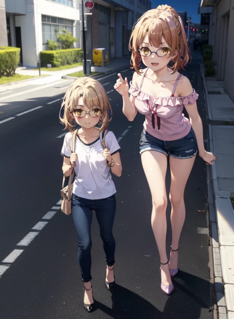 Irohaisshiki, isshiki iroha, Short Hair, Brown Hair, (Brown eyes:1.5), blush,ponytail,Squint both eyes,blush,Black-rimmed glasses,
happy smile, smile, Open your mouth,Cold Shoulder Shirt,Short sleeve skinny jeans,Stiletto heels,Daytime,Clear skies,Are standing,Put your right hand on your hip,whole bodyがイラストに入るように,Looking up from bottom to top,
break outdoors, School,courtyard,
break looking at viewer,whole body,
break (masterpiece:1.2), Highest quality, High resolution, unity 8k wallpaper, (figure:0.8), (Beautiful attention to detail:1.6), Highly detailed face, Perfect lighting, Highly detailed CG, (Perfect hands, Perfect Anatomy),
