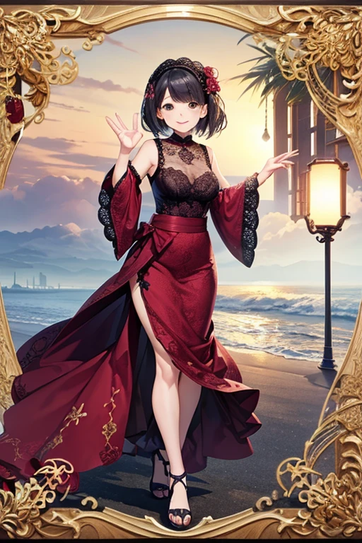 Highest quality、masterpiece、High sensitivity、High resolution、Detailed Description、Slender women、Slim Body、Lace skirt、wave hands、With a smile、