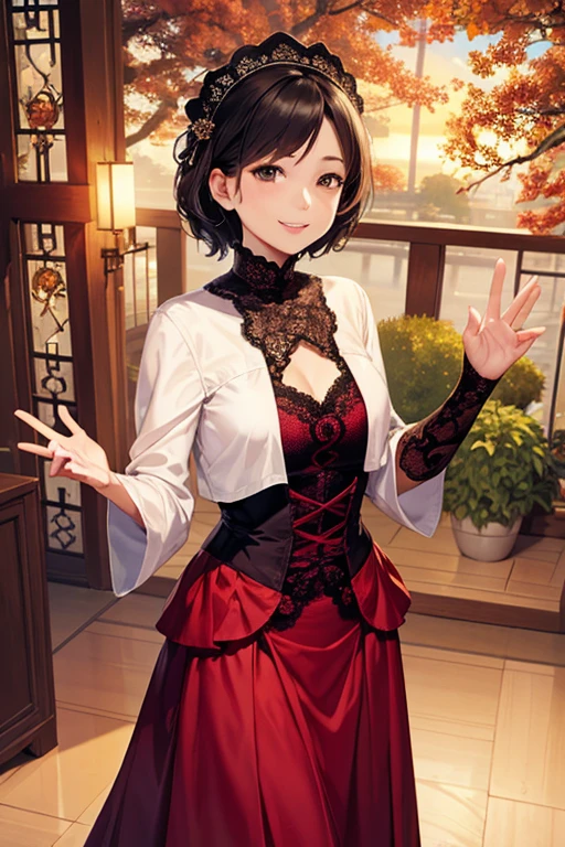 Highest quality、masterpiece、High sensitivity、High resolution、Detailed Description、Slender women、Slim Body、Lace skirt、wave hands、With a smile、