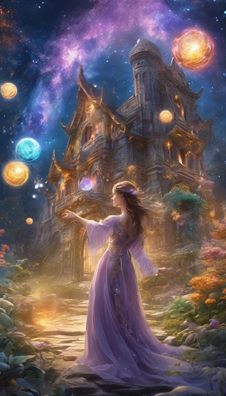 Magical World，(1 Girl trapped in a cosmic vortex nebula:1.5)，Rendered with the Cosmic Beach Swirl engine，(Detailed facial features)，(Beautiful facial features)，Ancient and mysterious castle，Purple Stone，gemstone decoration，glowing plant，Silver Creek，colored clouds，Strange Creatures，Huge magic library，Rich book collection，Magic fluctuations，Crystal Ball，Distant galaxies，Field of magic，A female magician who studies magic，(Glowing magic symbol)，Dreamland，Time and space distortion，River of Light，(Enchanted Garden)，Ultra-wide lens，Bottom view，Knee Shot(KS)，Full body shot(FLS)，High Detail，high resolution，Ultra-high quality，detailed，Hyperrealism，Volumetric Lighting，Spectacular，Ambient Light，light pollution，Movie atmosphere，Art Nouveau，Illustration artwork by SenseiJaye，Intricate details