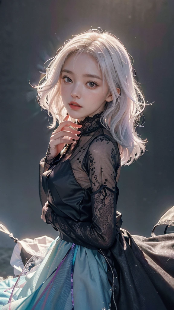 (1girl),gothic,white hair, organza lace,Gorgeous and clothes,gothic, flying, blue, (colorful), bold strokes, gradient blends, motion blur, shimmering textures, dynamic composition, atmospheric perspective, impressionistic, , (masterpiece), (best quality), Amazing, (beautiful detailed eyes), (finely detail), Depth of field, extremely detailed CG, original, extremely detailed wallpaper, (vivid colors), cinematic lighting, (colorful), blush,