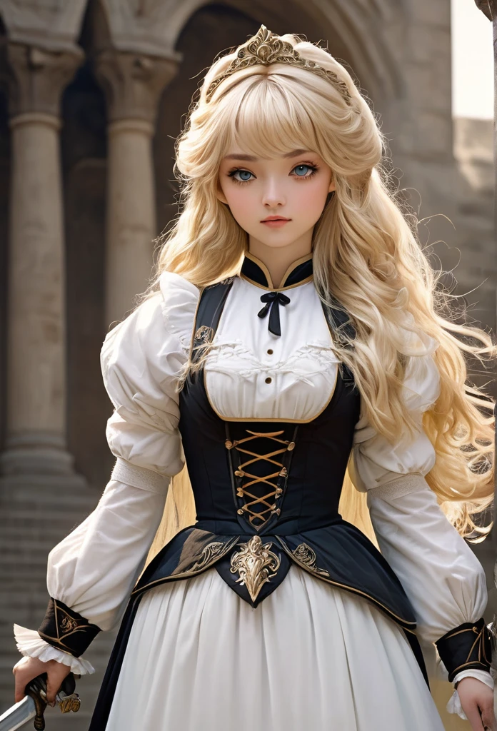 (masterpiece, best quility) a beautiful Voctorian maid in a classic royal maid dress, standing, Facing the viewer, beautiful highly detailed face, long blonde hair, she is a warrior servant, He has a beautiful sword in his right hand and a shield in his left hand., HAS A HEROIC POSE, the camera view is from bottom to top, realistic hioer style, 4k, completely white background 