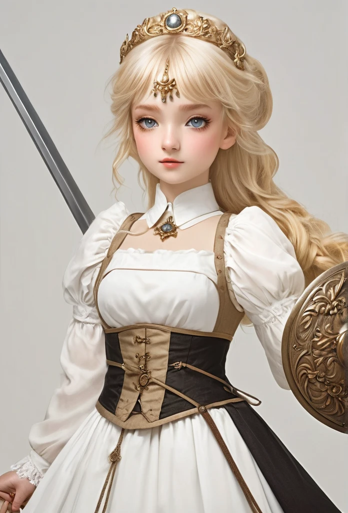 (masterpiece, best quility) a beautiful Voctorian maid in a classic royal maid dress, standing, Facing the viewer, beautiful highly detailed face, long blonde hair, she is a warrior servant, He has a beautiful sword in his right hand and a shield in his left hand., HAS A HEROIC POSE, the camera view is from bottom to top, realistic hioer style, 4k, completely white background 