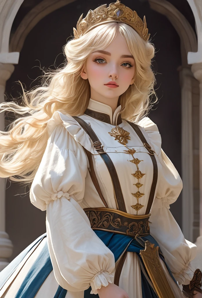 (masterpiece, best quility) a beautiful Voctorian maid in a classic royal maid dress, standing, Facing the viewer, beautiful highly detailed face, long blonde hair, she is a warrior servant, He has a beautiful sword in his right hand and a shield in his left hand., HAS A HEROIC POSE, the camera view is from bottom to top, realistic hioer style, 4k, completely white background 