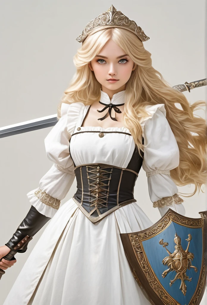 (masterpiece, best quility) a beautiful Voctorian maid in a classic royal maid dress, standing, Facing the viewer, beautiful highly detailed face, long blonde hair, she is a warrior servant, He has a beautiful sword in his right hand and a shield in his left hand., HAS A HEROIC POSE, the camera view is from bottom to top, realistic hioer style, 4k, completely white background 