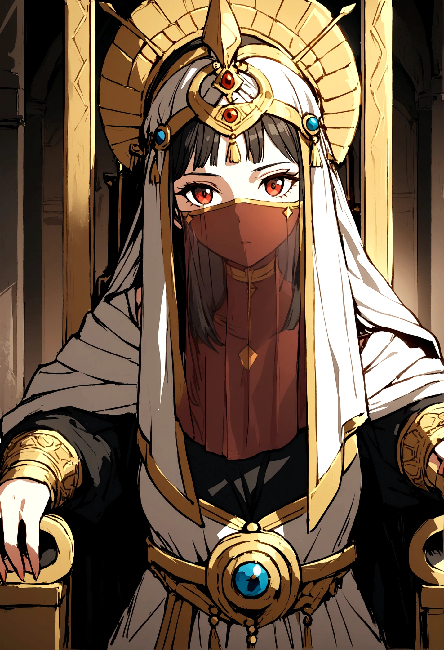 1girl, ancient civilization clothes, mouth veil, throne background,