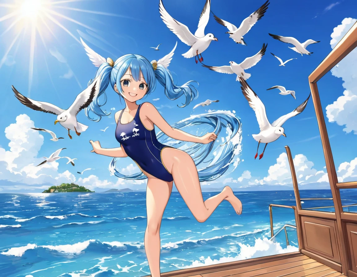 Summer sky Summer sunshine Beautiful girl playing in the sea Light blue long hair Beautiful girl with twin tails One piece swimsuit Many girls are playing in the sea Bright smile Seagulls are flying in the sky There is a yacht floating in the sea