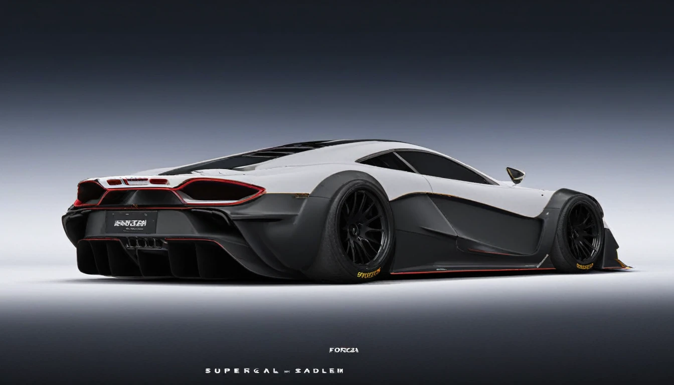 Supercar-forza game ready design, wide body, custom design build, cinematic, wide angle, studio light, tactical bodywork for supreme aerodynamics