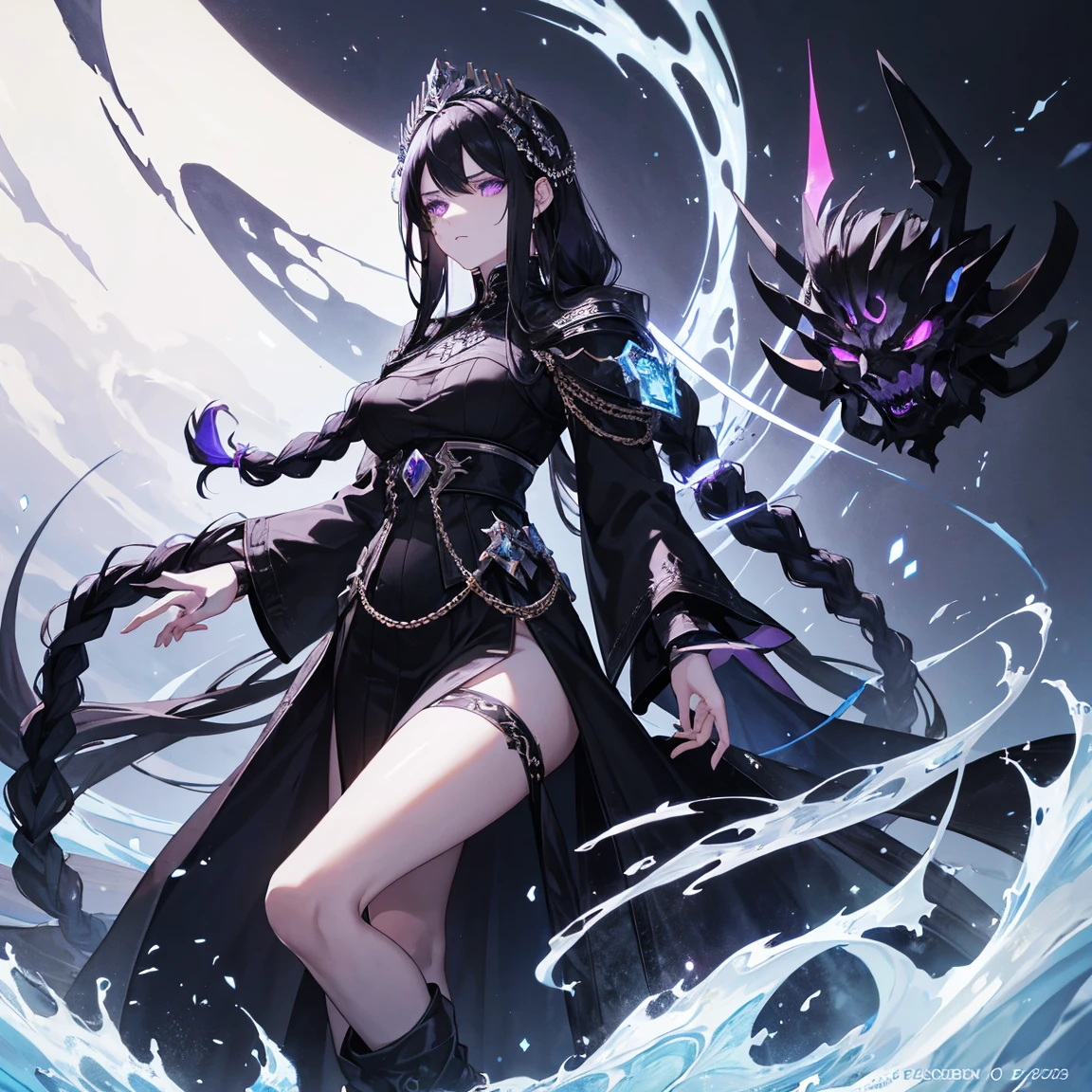 The goddess of destruction,harsh and cold,beautiful face,long braided hair,black hair,purple tip of the hair,powers,masterpiece, fully clothed, long skirt, black clothes, royal clothes, 24 years old, wearing black crown, galaxy, dark effect, darkness 
