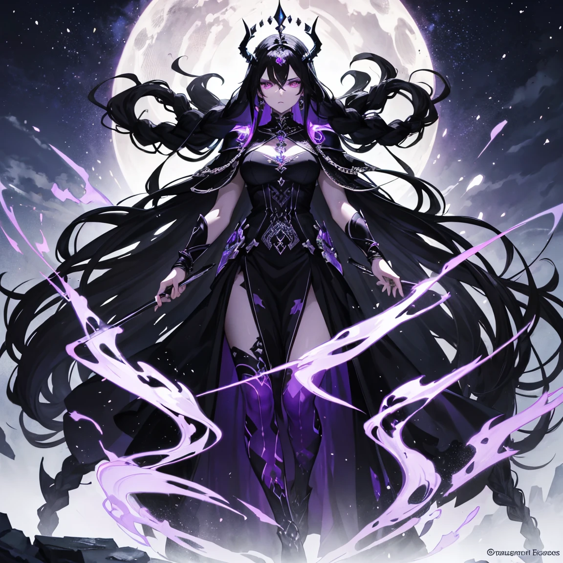 The goddess of destruction,harsh and cold,beautiful face,long braided hair,black hair,purple tip of the hair,powers,masterpiece, fully clothed, long skirt, black clothes, royal clothes, 24 years old, wearing black crown, galaxy, dark effect, darkness