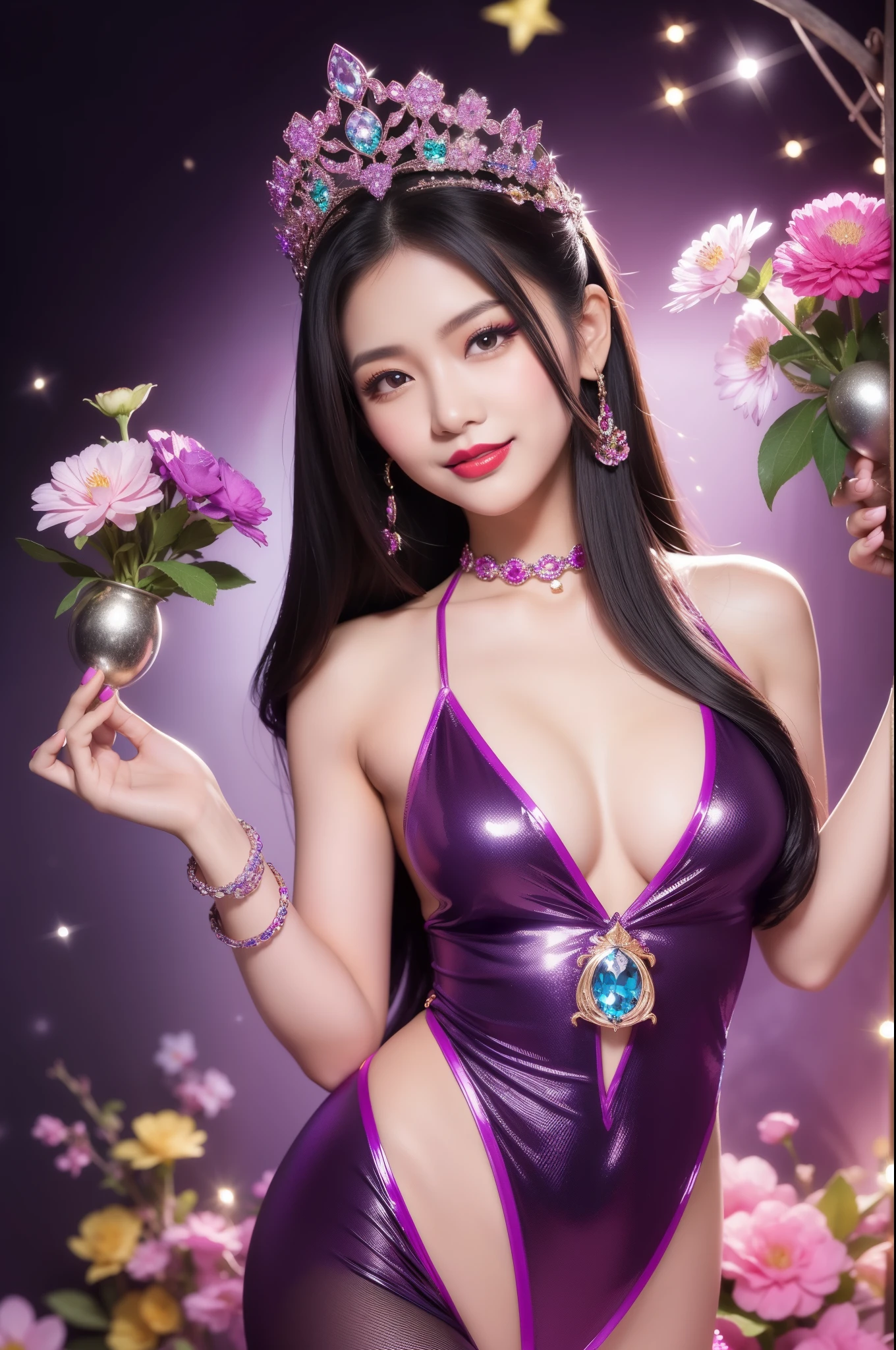 sexy Thai model who controls poison、beautiful smile、lipgloss、bold lipstick、intense makeup、look at the camera、full body Esbian、、sparkling poisoned flower costume、、、、sparkling Colorful hair、secrete poison、skull hair accessories、sexy tights、shiny sparkling flowers background