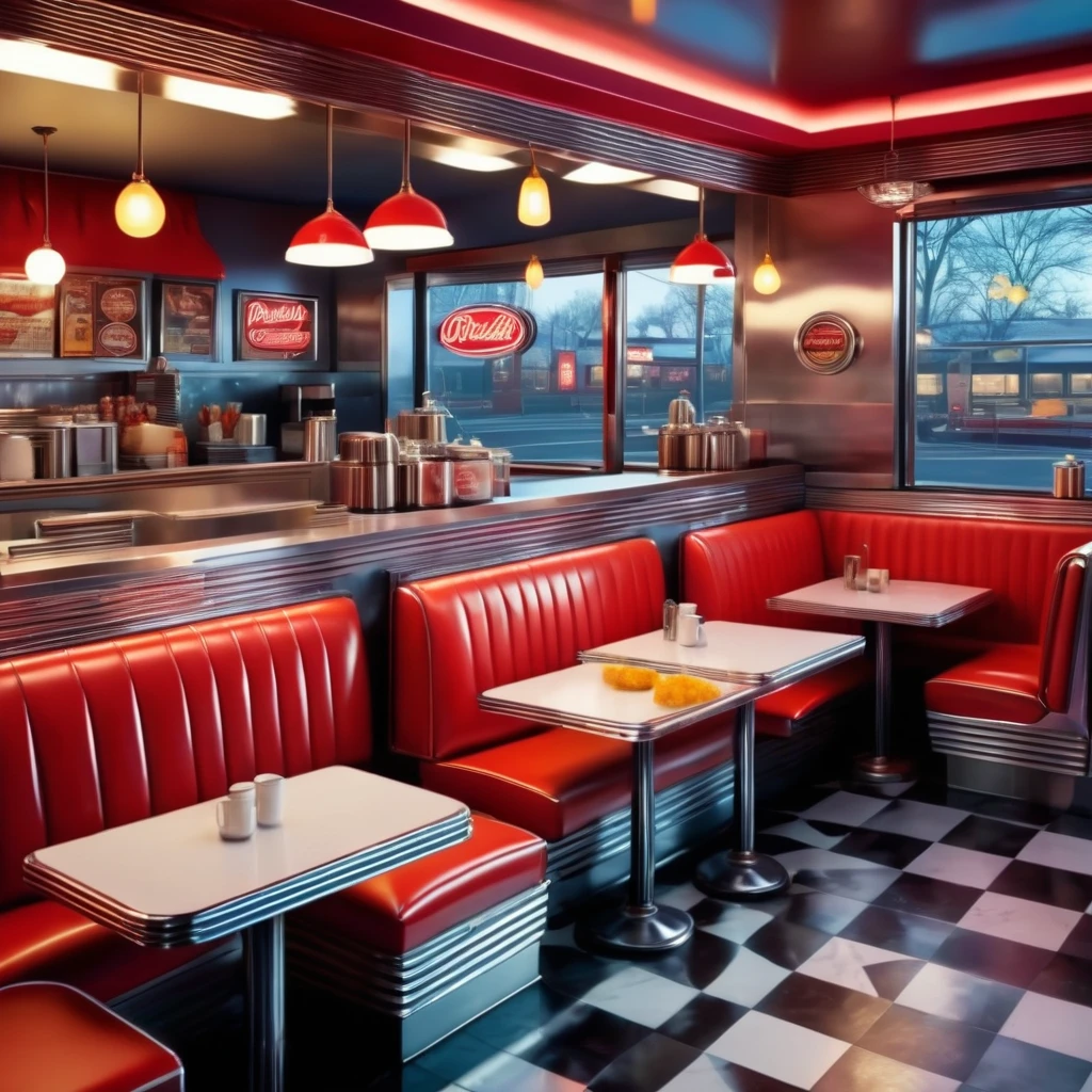 create an image demonstrating the style of ((Diner)) style, Hyperrealism, 8K high resolution, Vibrant colors, Sharp focus, Very detailed