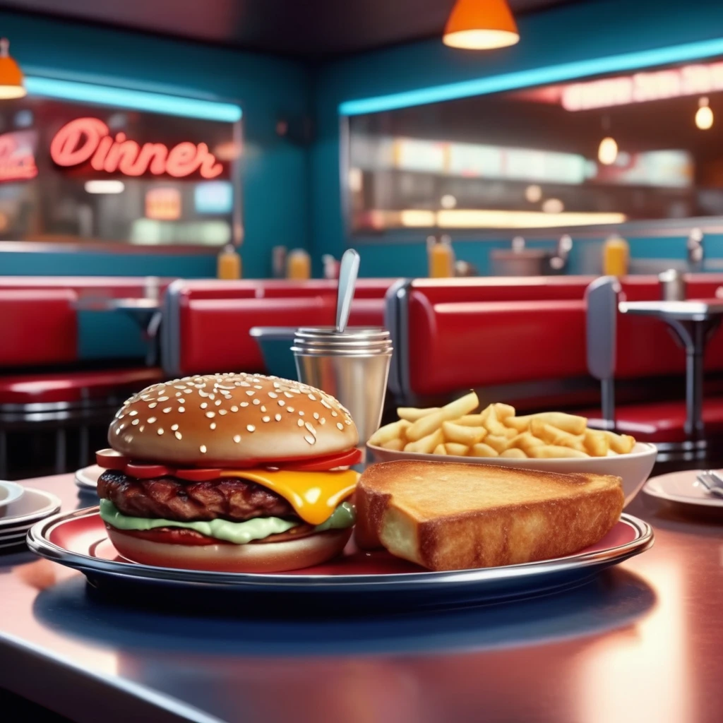 create an image demonstrating the style of ((Diner)) style, Hyperrealism, 8K high resolution, Vibrant colors, Sharp focus, Very detailed