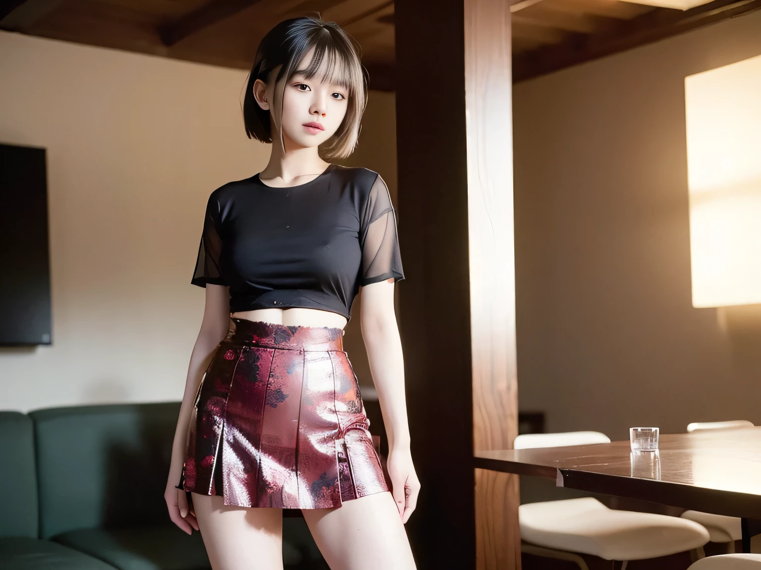 (Highest quality, masterpiece, Ultra-high resolution, 8K, RAW Photos, Realistic, Anatomically correct:1.5), 20-year-old girl:1.2, Embarrassing, avert your eyes, blush:1.0, View Viewer, ((bar)) 、Large windows、Night view、 Light:1.2, Bokeh, Cinema Lighting:1.0, Depth of written boundary, sharp、 Cute face、Idol、Wine colored short sleeve lace top、Black pleated skirt、Shiny wine-colored clothing、”dwarf”、(Floral clothes)、(Full Body Shot)、Side angle、Cowboy Shot、 smile、((Ultra short hair、Berry Short))、(Straight bangs)、((See-through))、(( One Girl))、Waist、I can see your thighs、