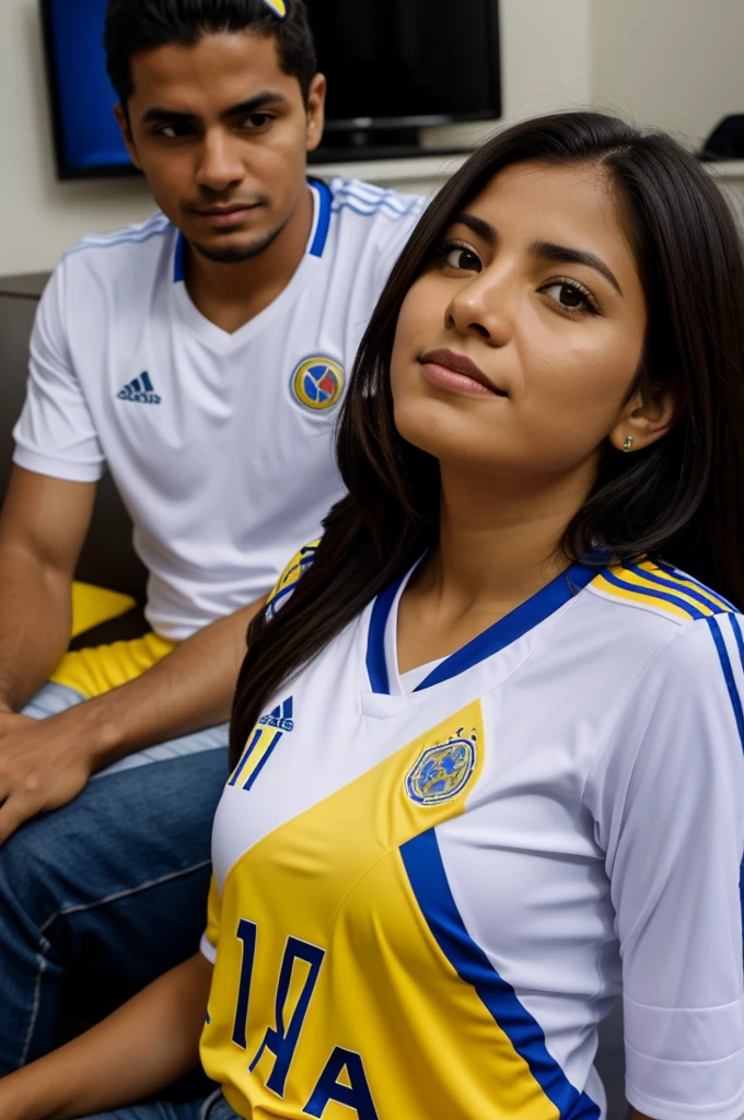 Create a woman named Ana watching the game with a Colombian shirt 