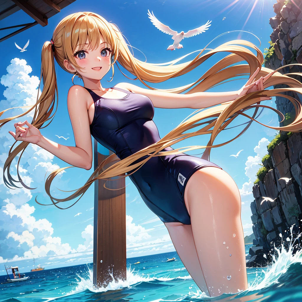 Summer sky Summer sunshine Beautiful girl playing in the sea Light blue long hair Beautiful girl with twin tails One piece swimsuit Many girls are playing in the sea Bright smile Seagulls are flying in the sky There is a yacht floating in the sea