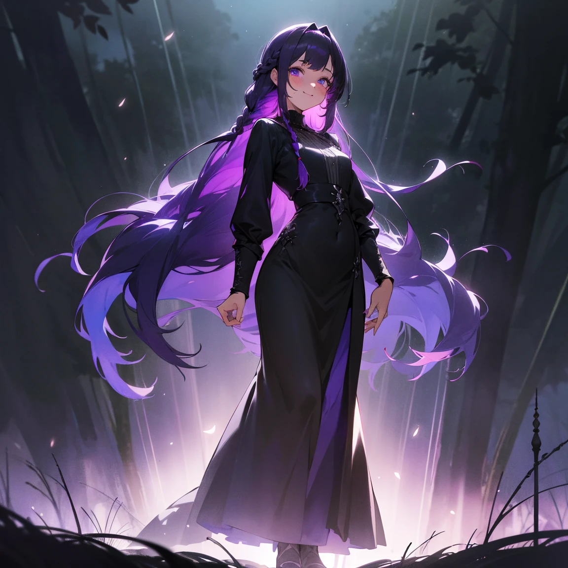 (best quality,4k,highres,photorealistic:1.2),anime style,girl,long dark purple hair, straight french braid hair style,swept bangs,beautiful skin,dark purple glowing eyes,beautiful black long gothic dress ,forest background,movie lighting,ultra-detailed,detailed lighting,standing,view full body,arms crossed,happy,light smile, blushing