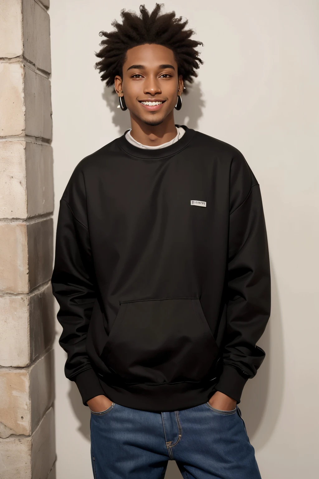 ((best qualityer)),man of 1,75 tall,dark-skinned,brown curly hair,with black sweatshirt,Baggy light jeans,light point earrings in both ears,light brown honey eyes,smile cute,Wear braces on your teeth