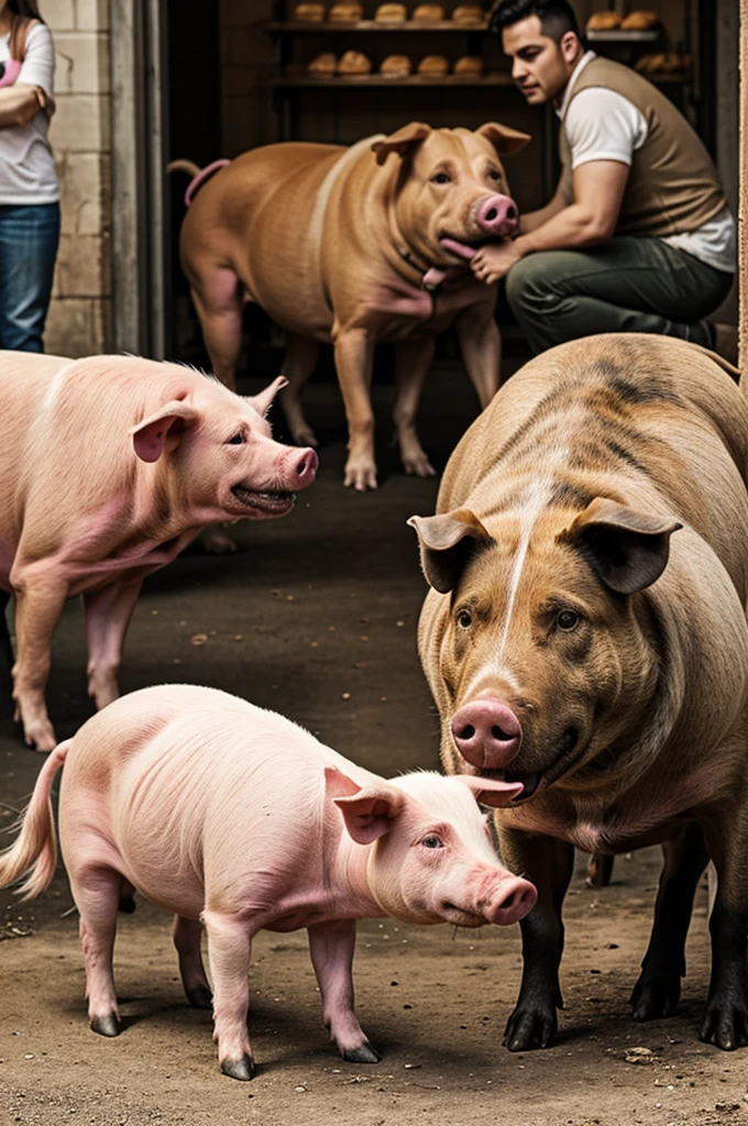 A dog urinating on a pig while the pig looks at him with an angry face because his family is behind him watching him and is embarrassed in the background there is a bakery 