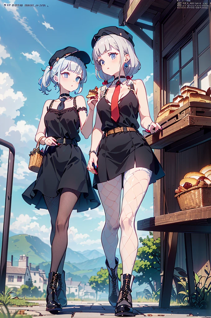 (perky chest:1.2), (pointed chest:1.2),(Pudding cake magazine cover:1.3),(from below:1.2),(shoot from the side:1.1),(((Black Tunic:1.3))),(((cakes and bread in the basket),a 23yo Cute and beautiful girl,masterpiece、highest quality、Very detailed、Beautiful fine details、Detailed landscape、Braided Ponytail、Red camisole、((B cup breasts, Tank top showing underboob:1.0)), thigh strap, bangs, necktie, earrings, nail polish, fishnet pantyhose, silver hair, looking at viewer, full body, bottle, own hands together, belt, food, ring, choker, english text paper:1.2, collared shirt, blue eyes, hat,lace-up boots ,