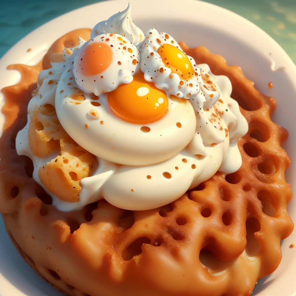 A fried egg on top of brown soft serve ice cream,Realistic, (masterpiece, best quality:1.2,4K,8K,High resolution),