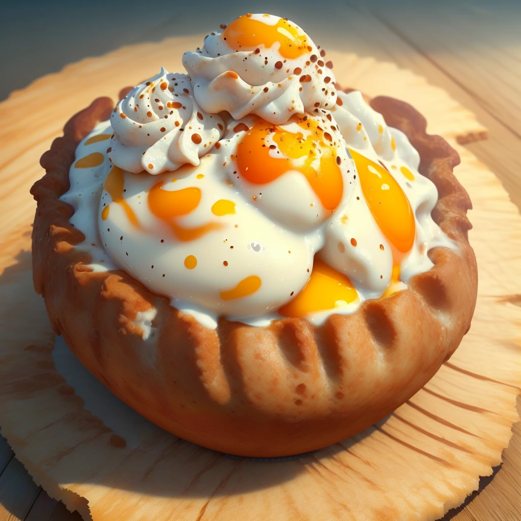 A fried egg on top of brown soft serve ice cream,Realistic, (masterpiece, best quality:1.2,4K,8K,High resolution),