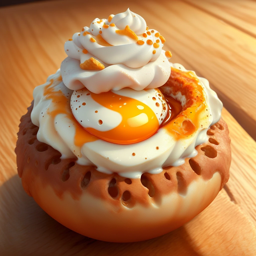 A fried egg on top of brown soft serve ice cream,Realistic, (masterpiece, best quality:1.2,4K,8K,High resolution),