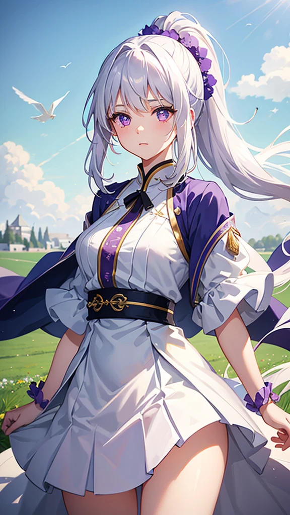 A beautiful girl with purple eyes and white hair tied in a ponytail、A scene of graceful horse riding with a vast grassland in the background。Her white dress fluttering in the wind、The sunlight reflects off her hair and her eyes.。The beautiful girl&#39;s expression is calm、Her horse is also moving gracefully.。The green of the grassland and the blue sky create a beautiful contrast、It gives the whole scene a sense of freshness and peace.