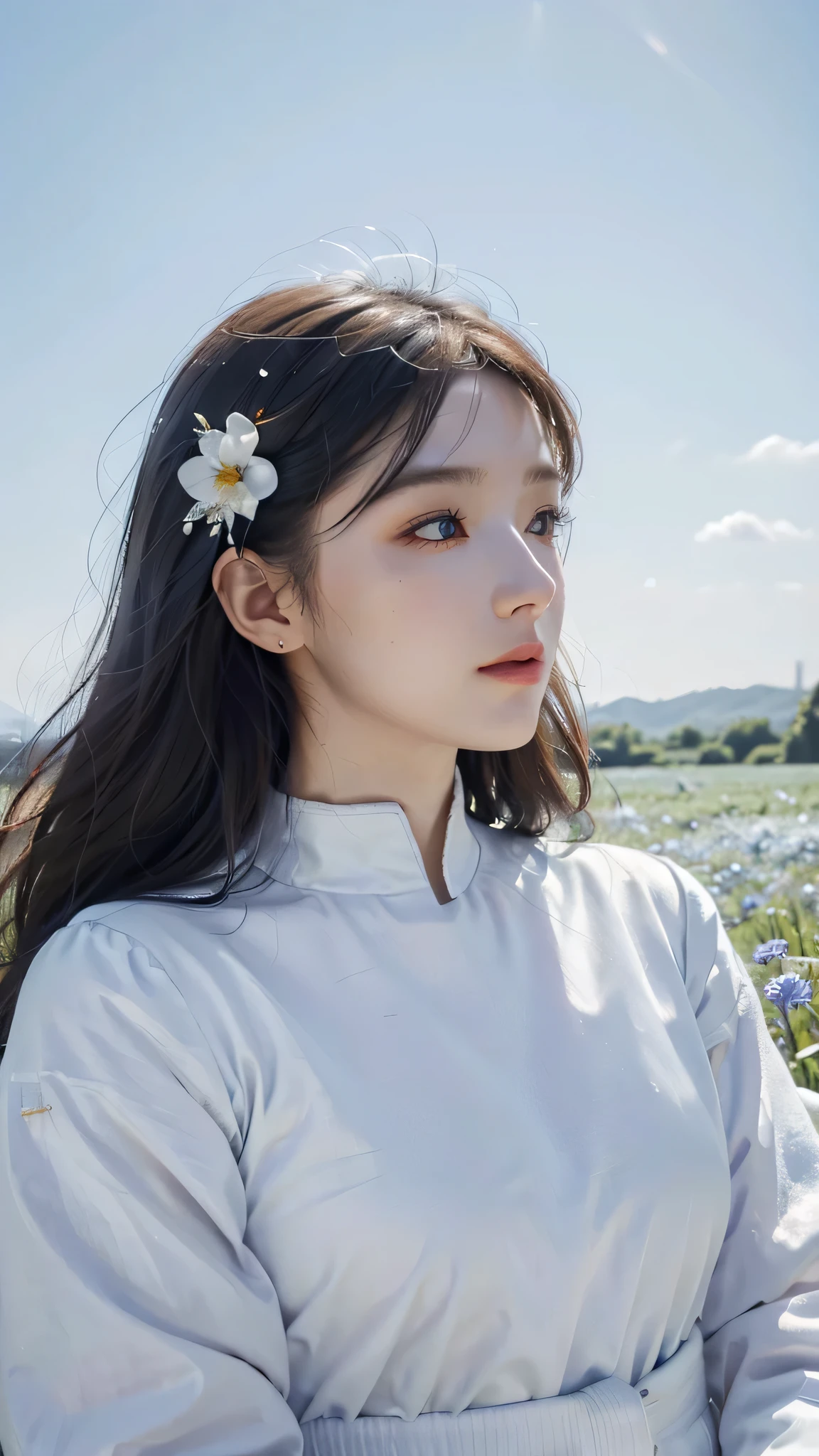 (absurdres, highres, ultra detailed, UHD, cinematic), solo, 1girl, mature, happy, girl fantasy, dreamy, snowy, official art, pop art, profile, ultra detailed face, ultra detailed eyes, light blue flower field, ultra detailed field, white blue sky, cold, light blue, white, nebula in the sky, watercolor, pastel color