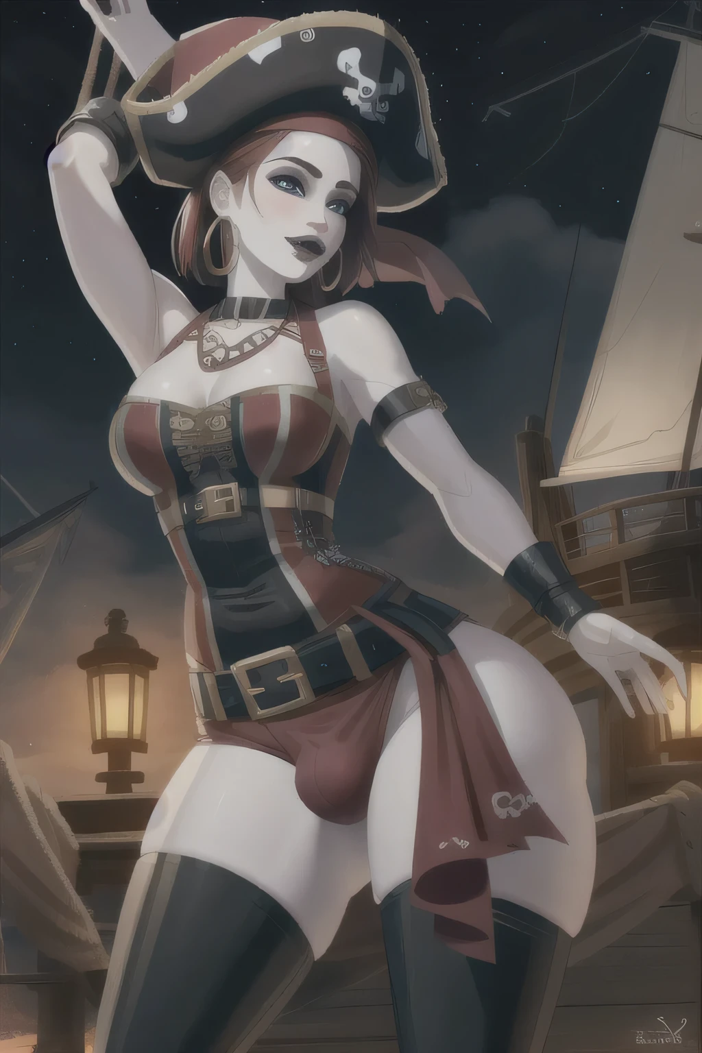 best quality, intricate details,
1girl, marine_pirate, hair ribbon, red ascot, red skirt, belt, leotard under clothes, sleeveless, black coat, pirate hat, (pale white skin:1.4), (solo:1.1),(masterpiece), (best quality:1.3), highly detailed, intricate, professional art, digital art, absurdres, Pirate queen, white skin, 1girl, Futanari, solo, (Full body:1.1) ,dark red hair, red corset, red uniform, red pants, long corsair boots, pirate captain cap, crotch bulge, penis under clothes, short hair, gold hoop earrings, blue eyes, pear shaped figure, medium breasts, thick thighs, wide hips, bubble butt (aroused:1.2), (Black makeup 1:1), Black lipstick, full lips, BREAK outdoors, dim lighting, shipyard, night time, background with sea, BREAK standing, frontal view, BREAK
piratepunkai, pirate ship, naval battle, ship mast, railing, ropes,