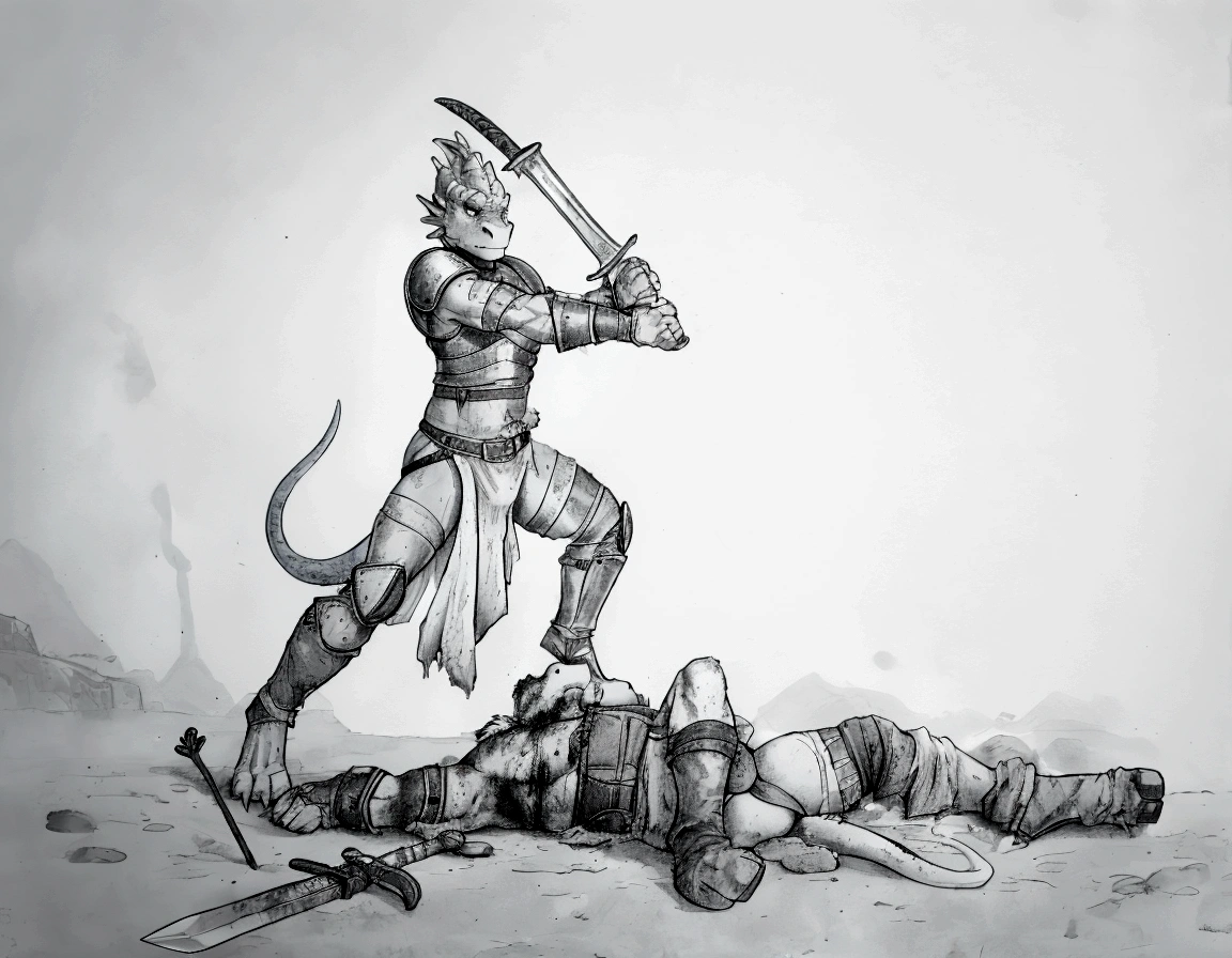 Solo Sexy young anthro scalie dragon male mercenary medieval solider, slim endomorph muscular, anthro handsome gay shorter muzzle, handsome gay model male apperance, sword scars, worn out leather skimpy armament, low on hips heavy leather belt, old very worn out skimpy dirty linen material jockstrap, old yellow dirty worn out stains on white sawn jockstrap, very visible "x" brown seam pattern on the jockstrap, studded skimpy armlets breastplate armor, skimpy breastplate, leather bondages, fingerless leather gloves, smelly unwashed husk, dirty body look, desert battlefield, standing in sexy fighting position, close view of full character