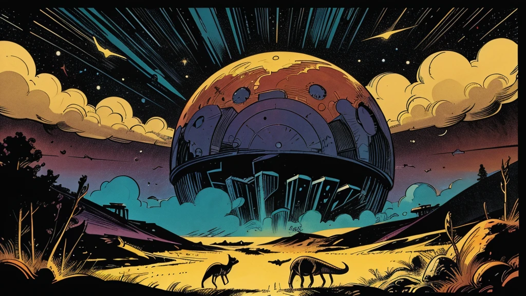 Use this prompt to create an image in the style of 1950s-70s comic book art. Use bold outlines, halftone patterns. Employ intense, saturated colors reminiscent of vintage four-color printing. Maintain a psychedelic, otherworldly atmosphere with swirling, colorful skies and strange celestial bodies. Emphasize the contrast between light and shadow to create a dramatic, pulp sci-fi feel. Create an image of:  a herd of dinosaurs