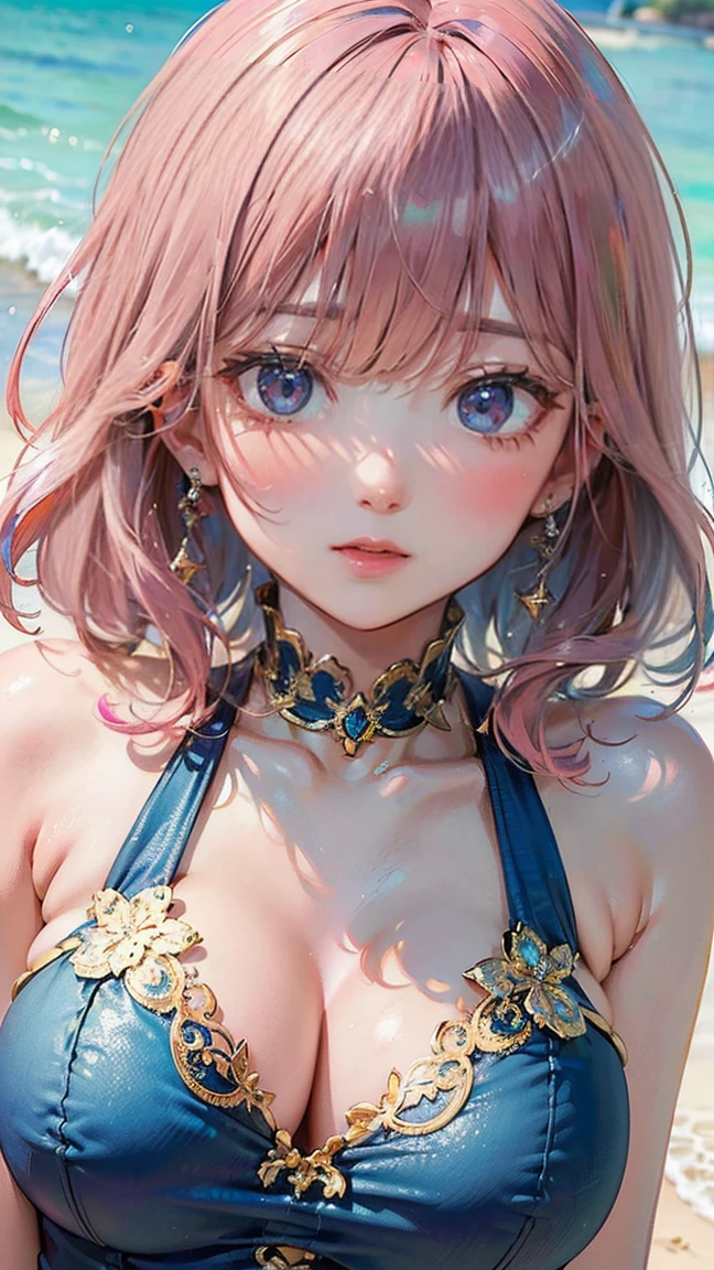 (Masterpiece, BestQuality:1.3), (ultra detailed:1.2), (hyperrealistic:1.3), (RAW photo:1.2), High detail RAW color photo, professional photograph, (Photorealistic:1.4), (realistic:1.4), professional lighting, perfect anatomy, (Big Breasts:1.2), (blush, detailed face), (cheerful Smile:1.5), (Pink Hair:1.5), Trending Hair&Trending Hairカラーをランダムに, earrings, necklace, bracelet, sexly, erotic sexly, Random sexy gravure poses, (A beautiful woman wearing a light blue halter neck dress、Smiling while taking a photo on the beach。Gold earrings brighten up your face。:1.3)