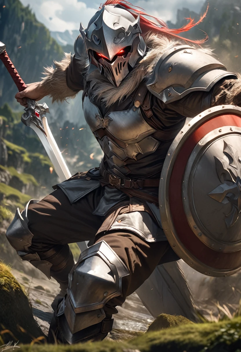 perfect hands, perfect finger,perfect anatomy, masterpiece, best quality,realistic, hyperrealistic, 16k hdr,1 muscular man,,goblin slayer, armor, helmet, glowing eye, plume, fur collar, (long sword, shield:1.4),fantasy world,outdoor,fighting pose,dynamic pose