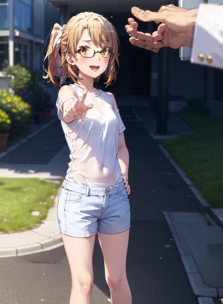 Irohaisshiki, isshiki iroha, Short Hair, Brown Hair, (Brown eyes:1.5), blush,ponytail,Squint both eyes,blush,Black-rimmed glasses,
happy smile, smile, Open your mouth,Cold Shoulder Shirt,Short sleeve skinny jeans,Stiletto heels,Daytime,Clear skies,Are standing,Put your right hand on your hip,whole bodyがイラストに入るように,Looking up from bottom to top,
break outdoors, School,courtyard,
break looking at viewer,whole body,
break (masterpiece:1.2), Highest quality, High resolution, unity 8k wallpaper, (figure:0.8), (Beautiful attention to detail:1.6), Highly detailed face, Perfect lighting, Highly detailed CG, (Perfect hands, Perfect Anatomy),