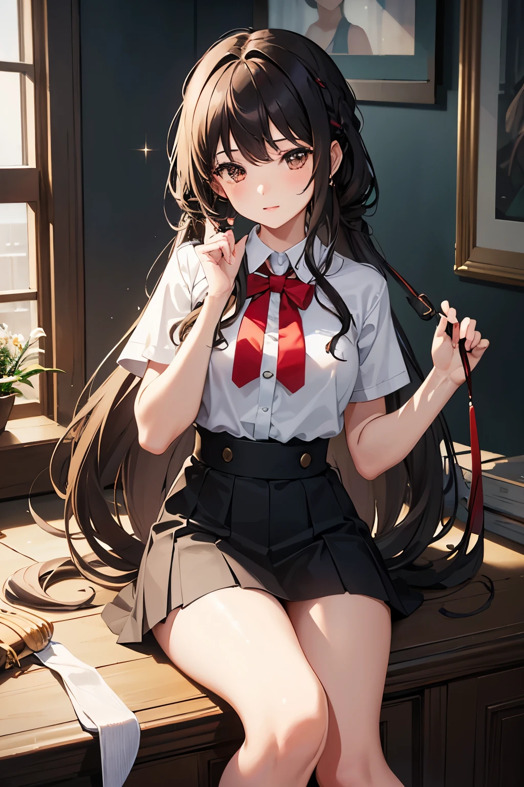 young girl, , elegantly dressed, White dress t-shirt with red tie, Fitted black skirt, Long socks, and polished black shoes, Her hair cascades down, Straight at the top, Curly at the ends, Brushing against her shoulders, Brown eyes sparkle with youthful curiosity, Dark brown hair complements her charm, Ultra-detailed, 8K, HDR, Studio lighting, Sharp focus, Realistic rendering, Vivid colors, Ultra-fine painting, Physical-based rendering, Bokeh.