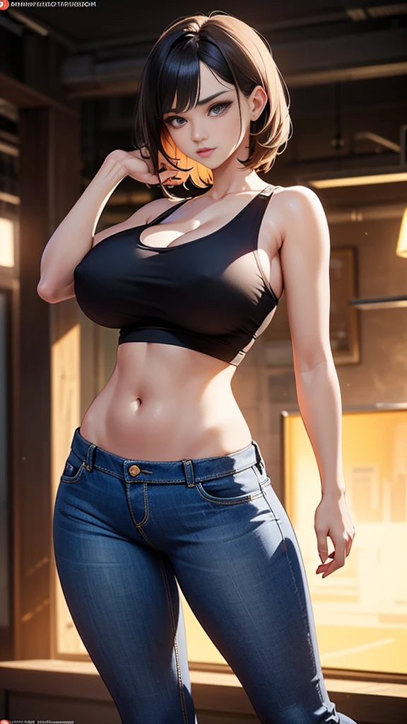 Hot girl, beautiful girl, pretty face, Sexy body, milf, 28 yrs, huge breasts, big tits, busty, tank top, tight jeans, dynamic stance, cinematic lighting, illustration, trending on art station