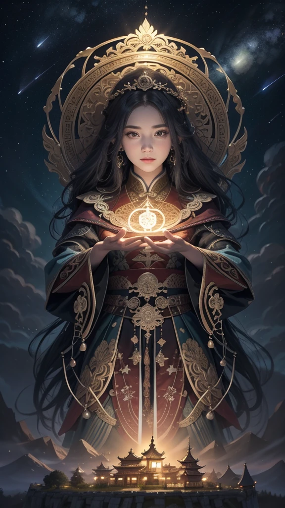 Glowing, Light particles, Magic, Colorful, energy, Unknown terror, Arcane, Around the magic, Magic surrounds, wands, Know it all, Predicting the future, Learn about the past, Infinite wisdom, Blue Flame, Warlock, Magical Circle, pentacle, incantation, mantra, Singing magic, Masterpiece, Best quality, (Masterpiece,Best quality:1.5), bright, starrysky, kosmos, rays of moonlight, Moon, Skysky, opulent, baiyun, yin yang, starlights, meteors, China-style, orient, Light, Mountain and river art, Unified 8k resolution wallpaper, high qulity, Photorealistic, High detail, Fantastic fantasy scene, The details are extremely detailed