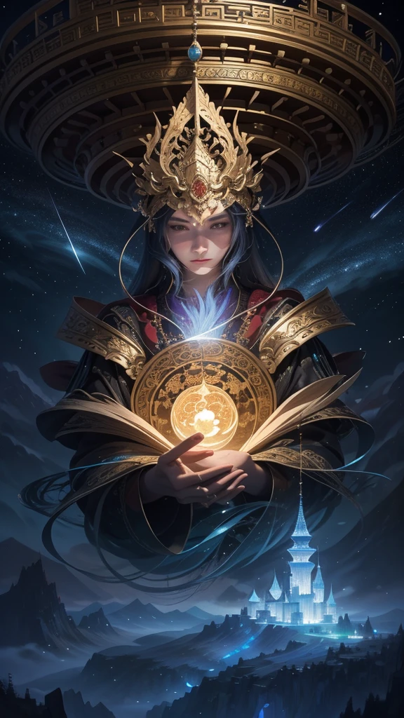 Glowing, Light particles, Magic, Colorful, energy, Unknown terror, Arcane, Around the magic, Magic surrounds, wands, Know it all, Predicting the future, Learn about the past, Infinite wisdom, Blue Flame, Warlock, Magical Circle, pentacle, incantation, mantra, Singing magic, Masterpiece, Best quality, (Masterpiece,Best quality:1.5), bright, starrysky, kosmos, rays of moonlight, Moon, Skysky, opulent, baiyun, yin yang, starlights, meteors, China-style, orient, Light, Mountain and river art, Unified 8k resolution wallpaper, high qulity, Photorealistic, High detail, Fantastic fantasy scene, The details are extremely detailed