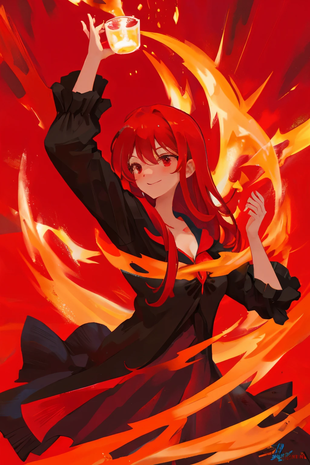 A witch holding a magical potion wearing a red blazing witch outfit with a hot blazing background