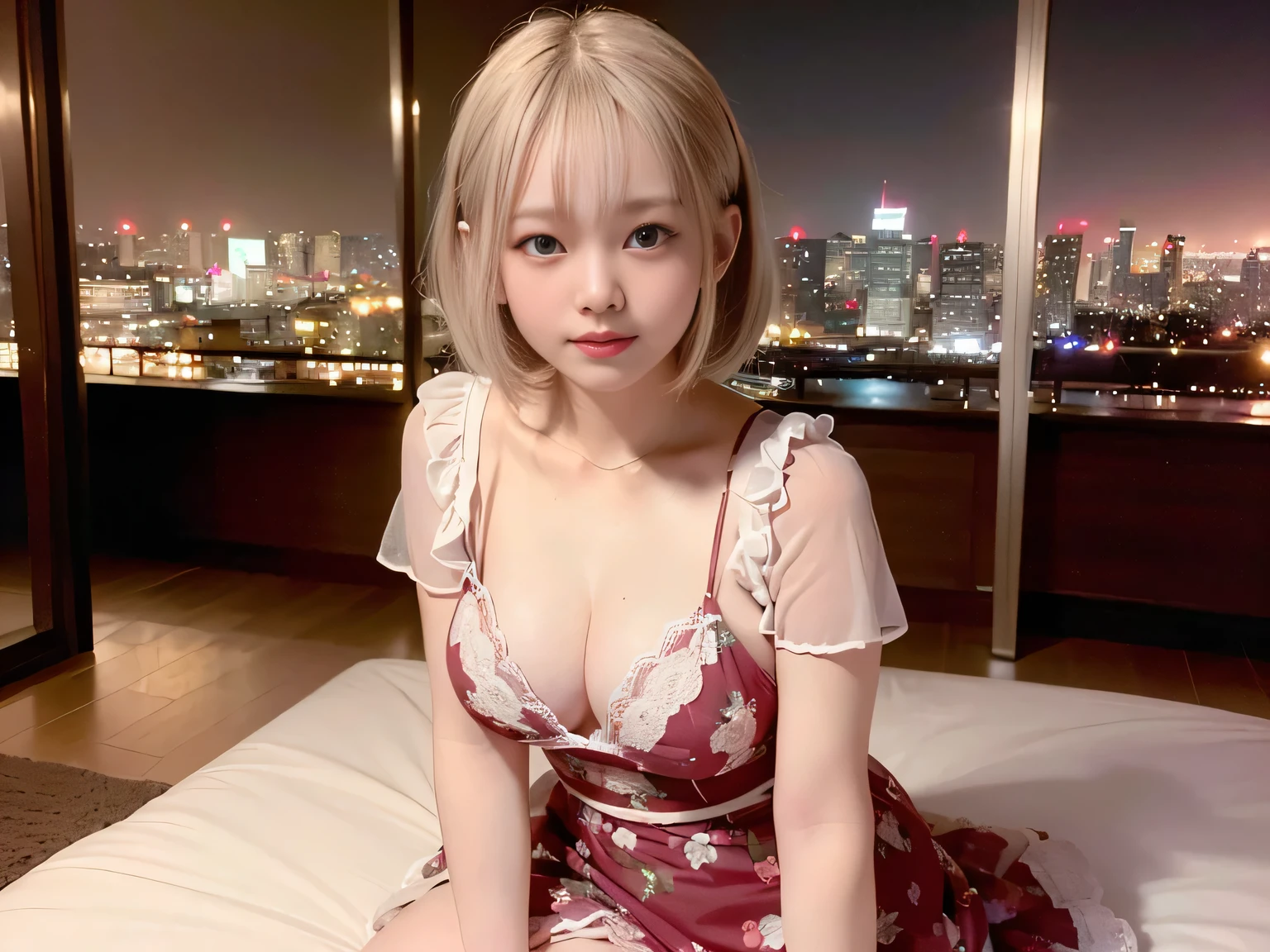 (Highest quality, masterpiece, Ultra-high resolution, 8K, RAW Photos, Realistic, Anatomically correct:1.5), 20-year-old girl:1.2, Embarrassing, avert your eyes, blush:1.0, View Viewer, ((bar)) 、Large windows、Night view、 Light:1.2, Bokeh, Cinema Lighting:1.0, Depth of written boundary, sharp、 Cute face、Idol、Wine colored short sleeve lace top、Black pleated skirt、Shiny wine-colored clothing、”dwarf”、(Floral clothes)、(Full Body Shot)、Side angle、Cowboy Shot、 smile、((Ultra short hair、Berry Short))、(Straight bangs)、((See-through))、(( One Girl))、Waist、I can see your thighs、