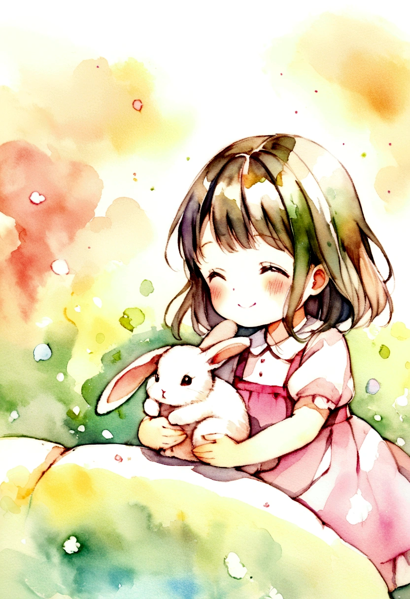 A girl around 4 years old is happily stroking a rabbit.　Picture books　Watercolor