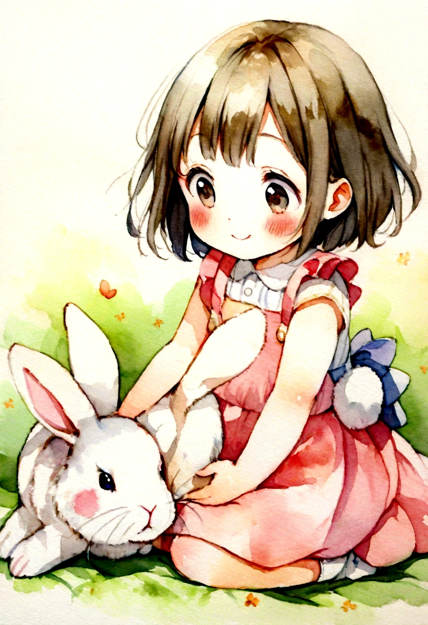 A girl around 4 years old is happily stroking a rabbit. Picture books Watercolor