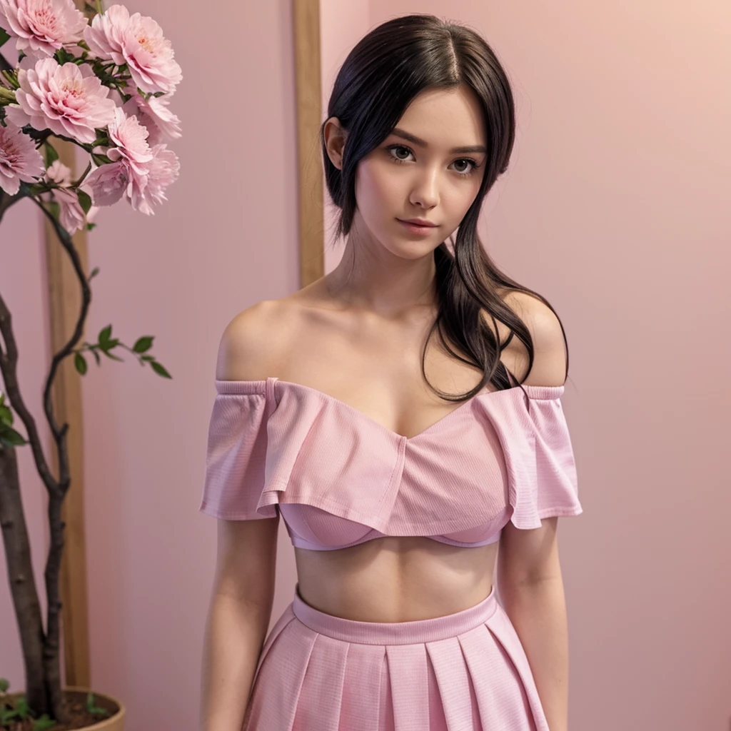 masterpiece, absurdres, hinata\(boruto\), 1girl, solo,mature female, off-shoulder strap bra, high waist short skirt, looking at viewer, (falling petals), perfect composition, detailed lips, big breast, beautiful face, body propotion, blush, (pink lips), long hair,  purple eyes,  soft gaze,  super realistic, detailed, photoshoot, realistic face and body,