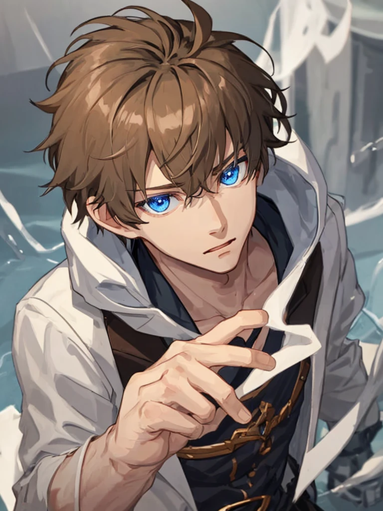 Create a boy with light brown hair, blue eyes, a defined and quite handsome physical body.