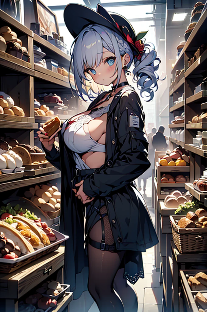 (perky chest:1.2), (pointed chest:1.2),(Pudding cake magazine cover:1.3),(from below:1.2),(shoot from the side:1.1),(((Black Tunic:1.3))),(((cakes and bread in the basket),a 23yo Cute and beautiful girl,masterpiece、highest quality、Very detailed、Beautiful fine details、Detailed landscape、Braided Ponytail、Red camisole、((B cup breasts, Tank top showing underboob:1.0)), thigh strap, bangs, necktie, earrings, nail polish, fishnet pantyhose, silver hair, looking at viewer, full body, bottle, own hands together, belt, food, ring, choker, english text paper:1.2, collared shirt, blue eyes, hat,lace-up boots ,