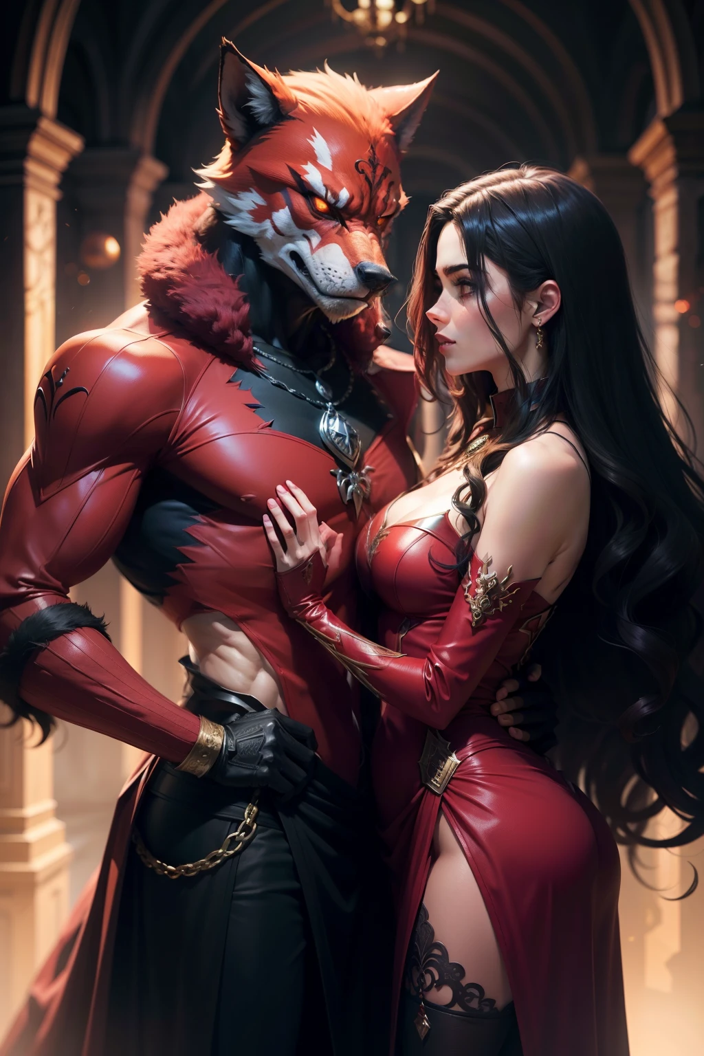 A spider woman dressed in red with elegant clothes and a werewolf dressed in brown together in a battle with the werewolf, Mystical symbols, High definition faces, magical fantasy style by Ricky Carralero, Cara hiper detallada, fotorrealista, Amazing composition, profundidad asombrosa, imponente, meticulosamente compuesto, Arte conceptual de 16k