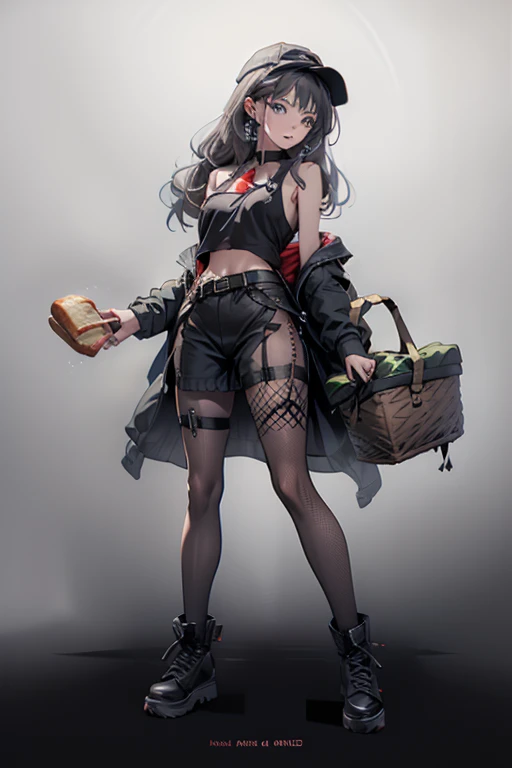 (perky chest:1.2), (pointed chest:1.2),(Pudding cake magazine cover:1.3),(from below:1.2),(shoot from the side:1.1),(((Black Tunic:1.3))),(((cakes and bread in the basket),a 23yo Cute and beautiful girl,masterpiece、highest quality、Very detailed、Beautiful fine details、Detailed landscape、Braided Ponytail、Red camisole、((B cup breasts, Tank top showing underboob:1.0)), thigh strap, bangs, necktie, earrings, nail polish, fishnet pantyhose, silver hair, looking at viewer, full body, bottle, own hands together, belt, food, ring, choker, english text paper:1.2, collared shirt, blue eyes, hat,lace-up boots ,
