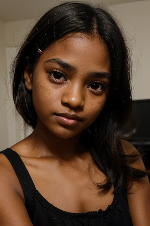 7 year old girl dark skin, round dark eyes, black straight hair, Short eyelashes, 5 fingers, small chin, small nose, no freckles, round face, dark, unconnected bushy eyebrows